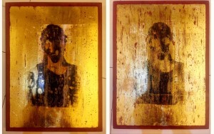 Anton del Castillo, Diminishing Form, Mixed media on diptych gold leaf panel, 2016, 41x30cm ea panel