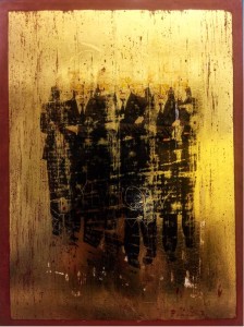 Anton del Castillo, Yellow Army, Mixed media on gold leaf panel, 2016, 41x30cm