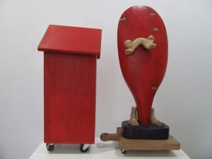 Riel Hilario, Here & Now, Carved & poly chromed fruitwood, 2013, 57x25x26cm(left)_ 71x36x20cm (right)