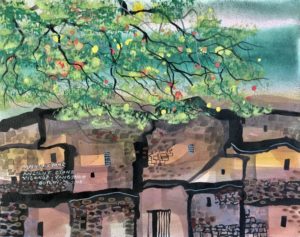 Manuel Baldemor, Rooftops on Verdant Trees, Watercolor, 2018, 10.5x13.5in
