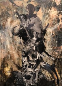 Art Sanchez, Sacred Silhouette 1, Acrylic & collage in clear cast resin, 2020